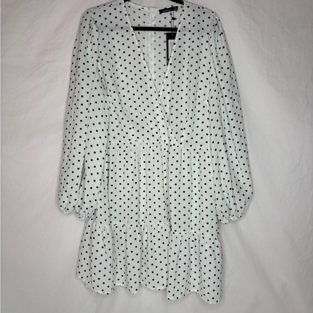 Boohoo women’s dress size18 wrap balloon smock back zipper long sleeve NWT